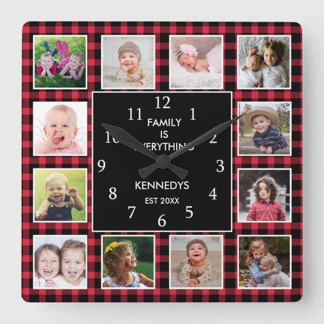 Red Plaid 12 Photo Collage Family Quote Christmas Square Wall Clock (Front)