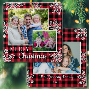 Red Plaid 3 Photo Snowflakes Merry Christmas   Ceramic Ornament