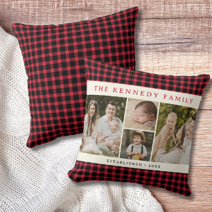 Red Plaid 4 Photo Collage Family Name Farmhouse Cushion