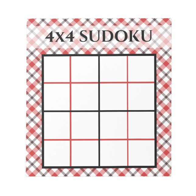 Red Plaid 4x4 Sudoku Grid Template Notepad (Front)