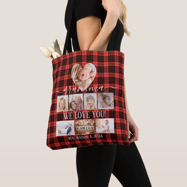 Red Plaid 8 Photo Collage Family Keepsake Name  Tote Bag (Close Up)