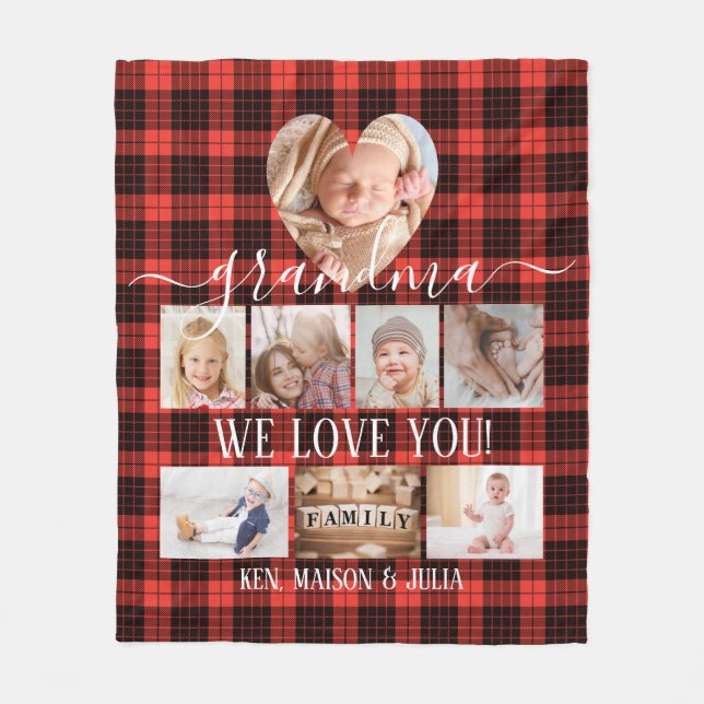 Red Plaid 8 Photo Collage Gift Personalised  Fleece Blanket (Front)