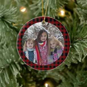 Red Plaid Add your Own photo Christmas Ceramic Tree Decoration