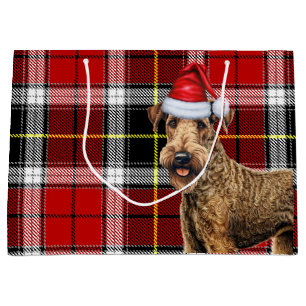 Red Plaid Airedale Terrier Dog Holiday Large Gift Bag