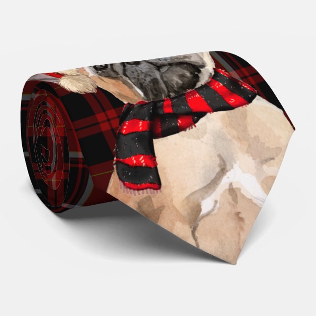 Red Plaid and a Cute French Bulldog Christmas Tie (Rolled)