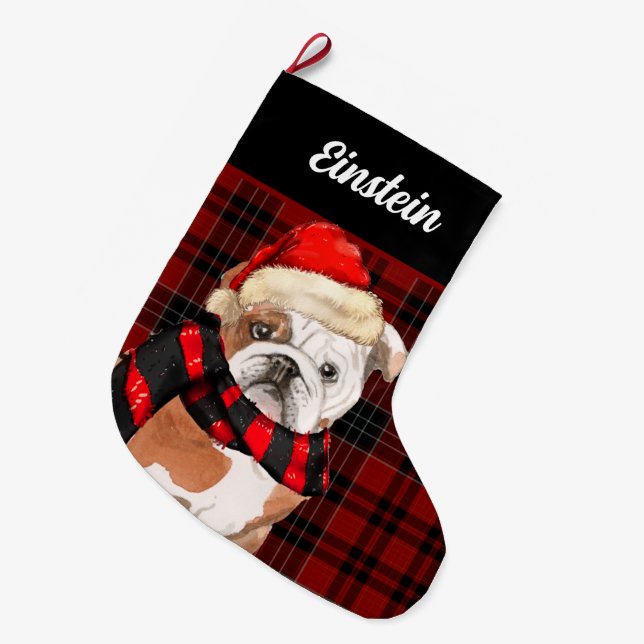 Red Plaid and an English Bulldog with Dog's Name Large Christmas Stocking (Front (Hanging))