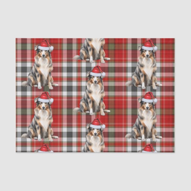 Red Plaid and Australian Shepherd Christmas Tissue Paper (Front)