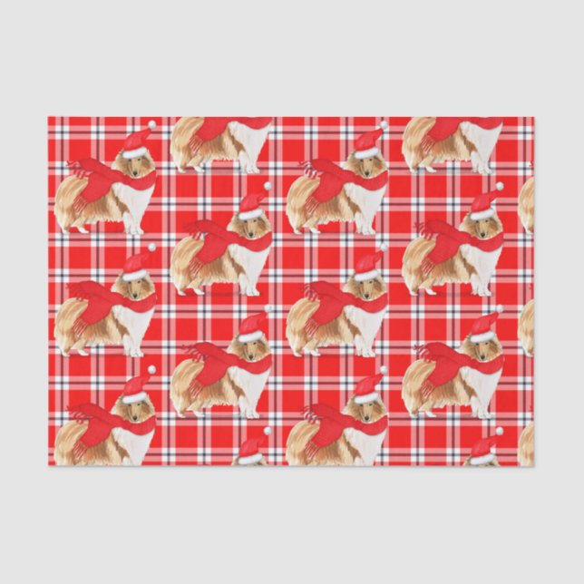 Red Plaid and Christmas Rough Collie Lover Holiday Tissue Paper (Front)