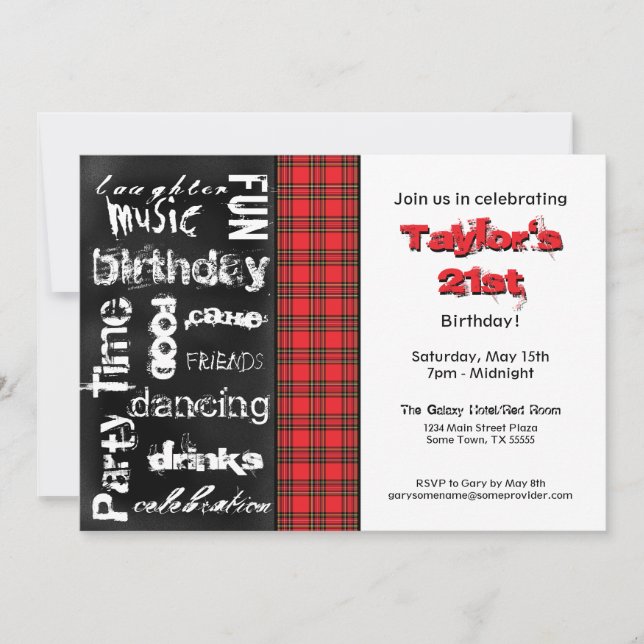 Red Plaid and Grunge Chalkboard Party Invitation (Front)