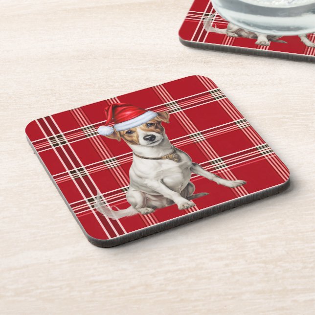 Red Plaid and Jack Russell Terrier Dog Christmas Coaster (Left Side)