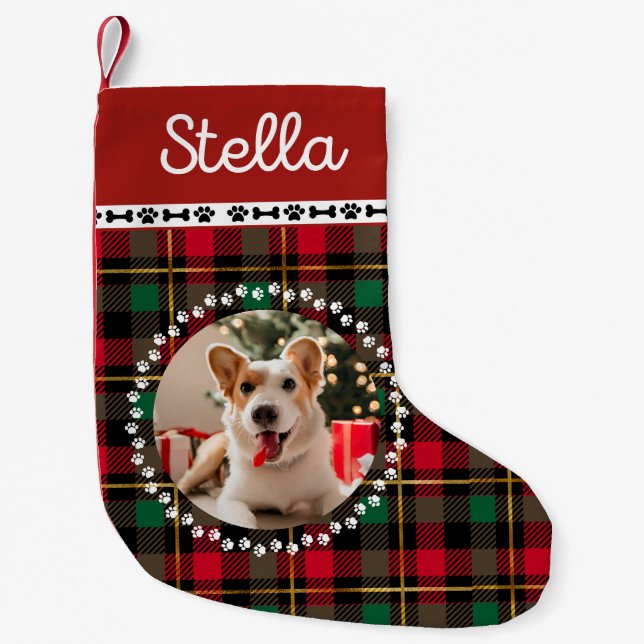 Red Plaid and Paw Prints A Festive Combo paw print Small Christmas Stocking (Front)