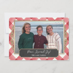 Red Plaid and rustic wood photo holiday card