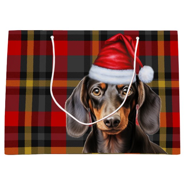 Red Plaid and Smooth Dachshund Dog Lover Holiday Large Gift Bag (Front)