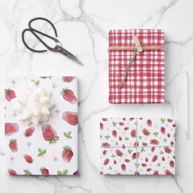 Red Plaid and Strawberries Wrapping Paper Sheet (Front)