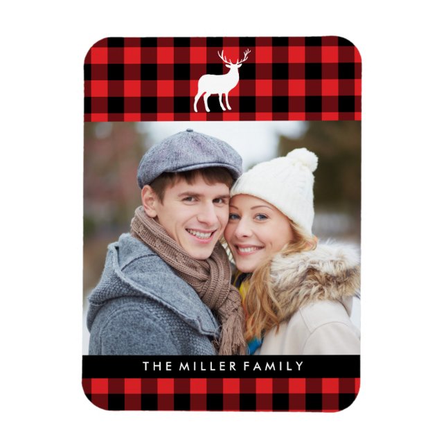 Red Plaid and White Stag | Holiday Magnet (Vertical)