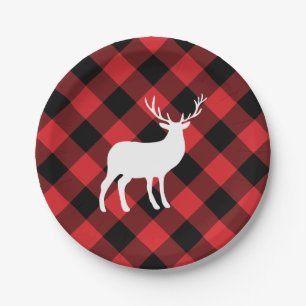 Red Plaid and White Stag Holiday Paper Plate
