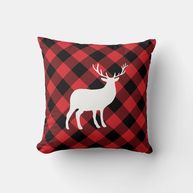 Red Plaid and White Stag | Holiday Pillow (Front)