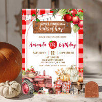 Red Plaid Apple Pumpkin and Bales of Hay 
