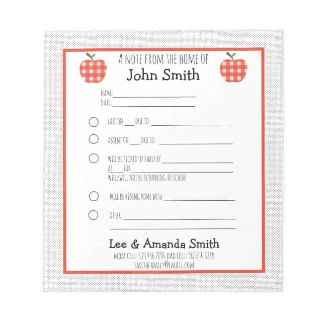Red Plaid Apple School Note Excuse (Front)