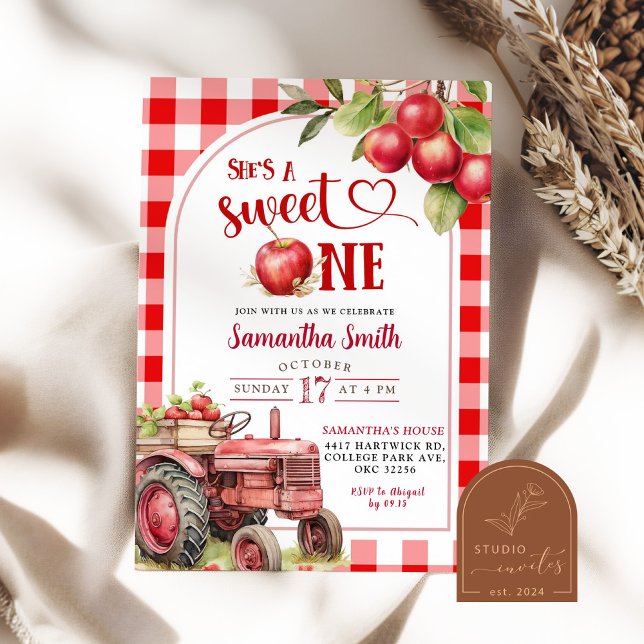 Red Plaid Apple Sweet One First Birthday Girl  Invitation (Creator Uploaded)