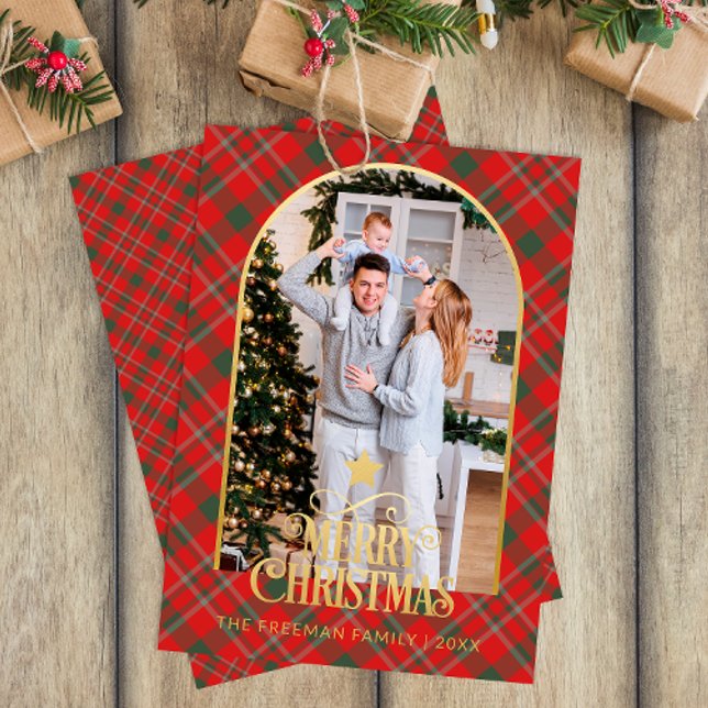 Red Plaid Arch Photo Merry Christmas Card (Arch Photo Christmas Card)