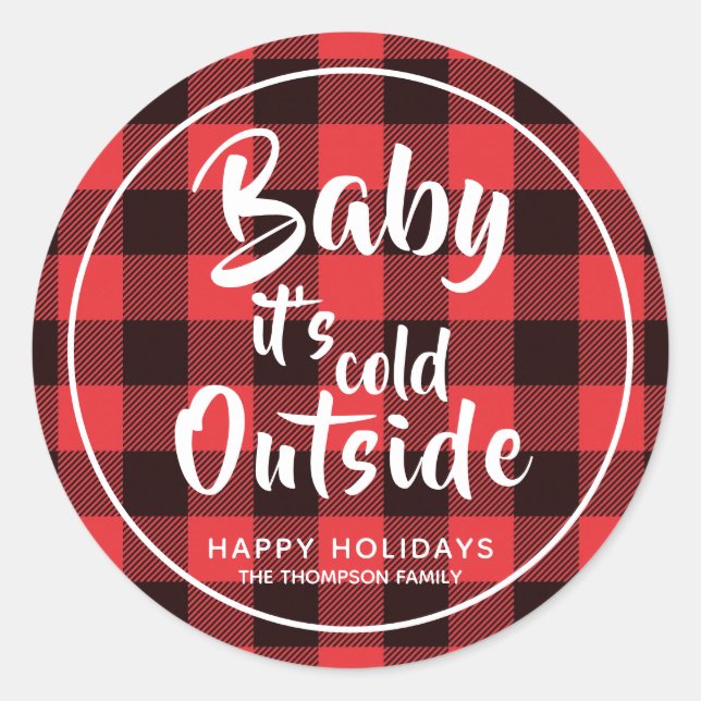 Red Plaid Baby It's Cold Outside Classic Round Sticker (Front)