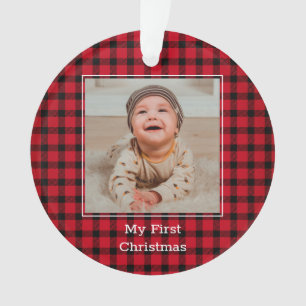 Red Plaid Baby Photo First Christmas Ornament