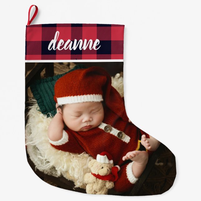 Red Plaid Baby's First Christmas 1 Photo  Large Christmas Stocking (Front)
