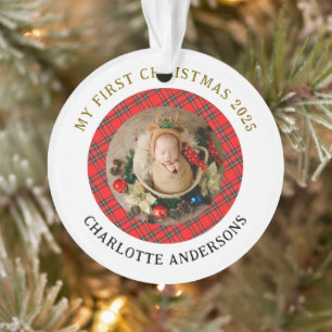 Red Plaid Baby's First Christmas Custom Name Ornament