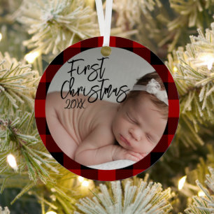 Red Plaid Baby's First Christmas Metal Tree Decoration