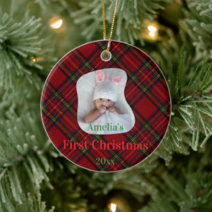 Red Plaid Baby's First Christmas Year Photo Ceramic Tree Decoration