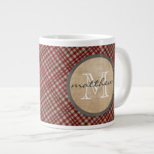 Red Plaid Background monogram Large Coffee Mug