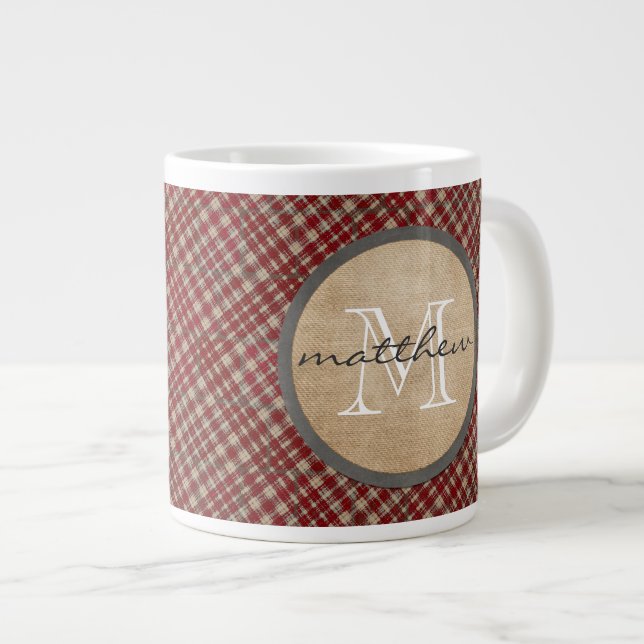 Red Plaid Background monogram Large Coffee Mug (Front Right)