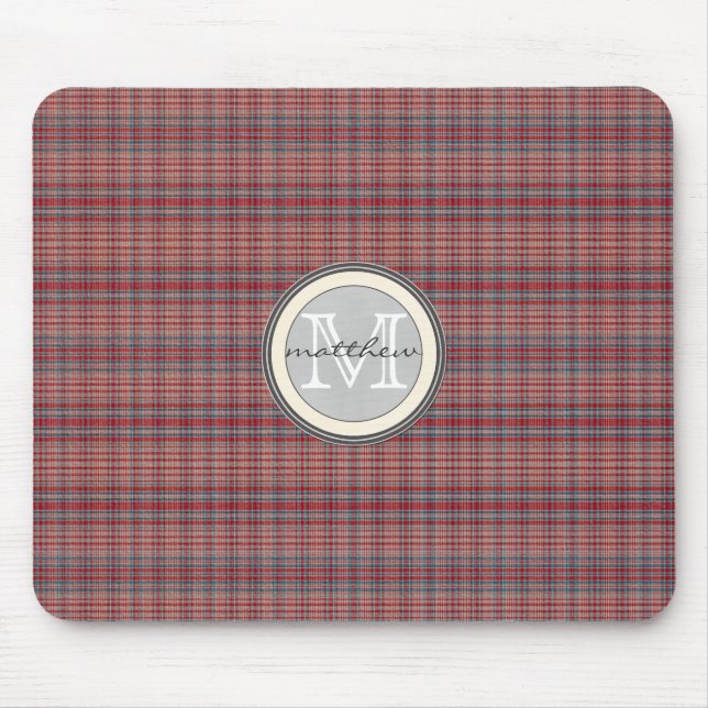 Red Plaid Background monogram Mouse Mat (Front)