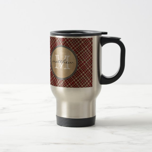 Red Plaid Background monogram Travel Mug (Right)