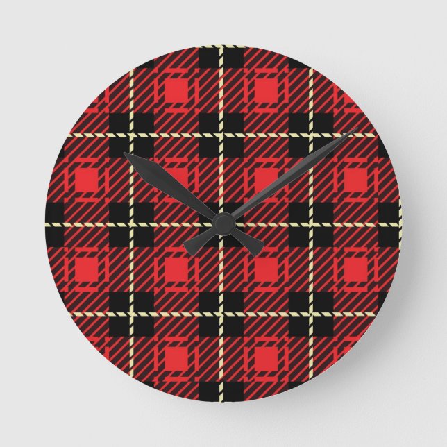 Red Plaid Background Round Clock (Front)
