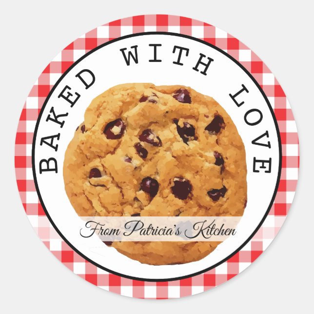 Red Plaid Baked With Love Christmas Cookies Classic Round Sticker (Front)