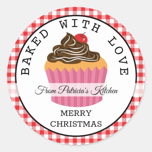 Red Plaid Baked With Love Christmas Cupcakes Classic Round Sticker (Front)