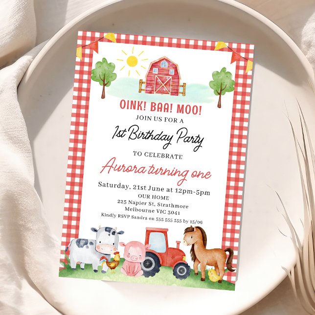 Red Plaid Barn Farm Animals Birthday Invitation (Girls Red Farm Birthday Birthday Invitation, Barnyard Animals, Farm Birthday Invite, Red Tractor)