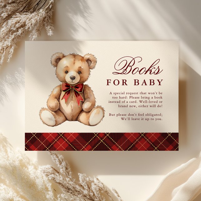 Red Plaid Bear Baby Shower Books For Baby Enclosure Card (Creator Uploaded)