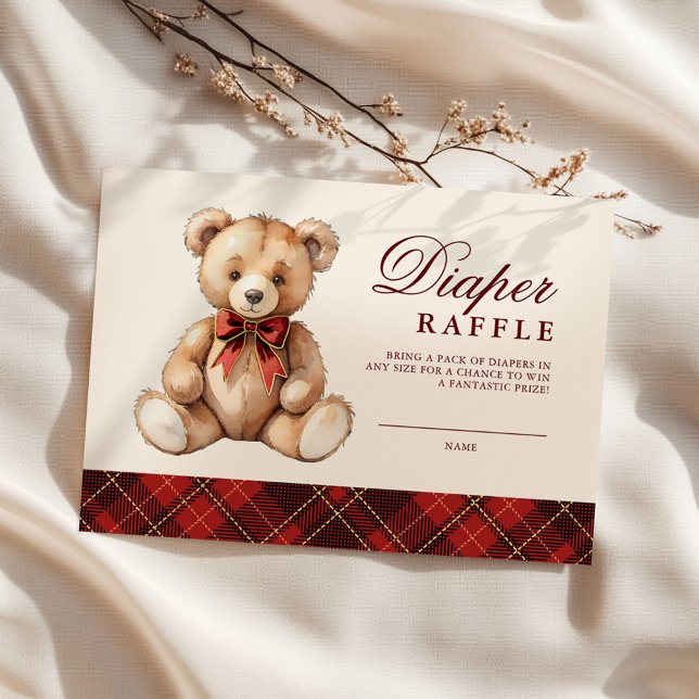 Red Plaid Bear Baby Shower Diaper Raffle Enclosure Card (Creator Uploaded)