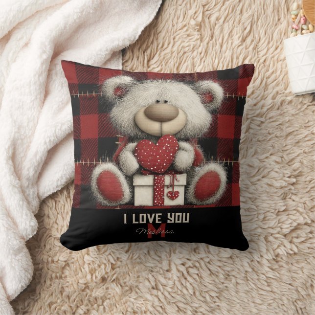 Red Plaid Bear I Love You Custom Name Monogram Cushion (Blanket)