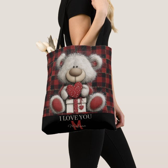 Red Plaid Bear I Love You Custom Name Monogram Tote Bag (Close Up)