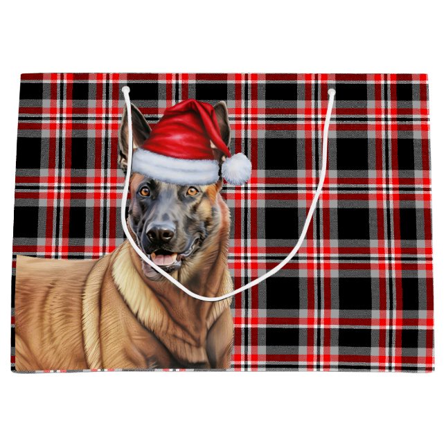 Red Plaid Belgian Malinois Dog Lover Holiday Large Gift Bag (Front)