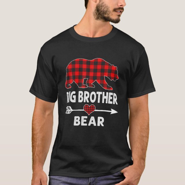 Red Plaid Big Brother Bear Buffalo Matching Family T-Shirt (Front)