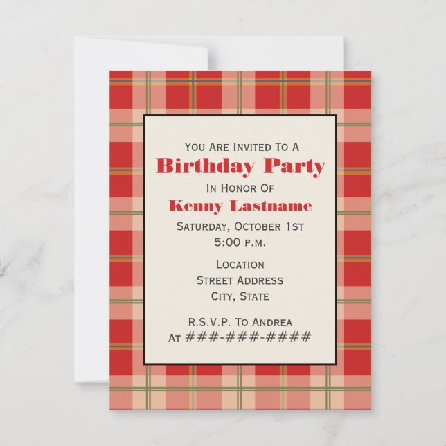 Red Plaid Birthday Party Invitation (Front)