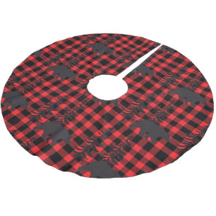 Red Plaid Black Bear Silhouette Brushed Polyester Tree Skirt