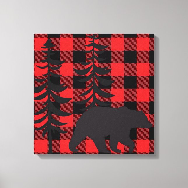 Red Plaid Black Bear Silhouette Canvas Print (Front)
