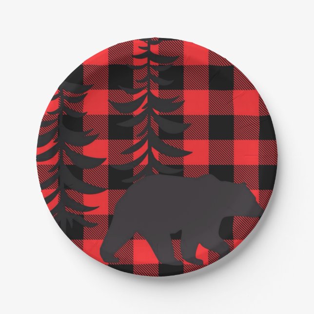Red Plaid Black Bear Silhouette Paper Plate (Front)