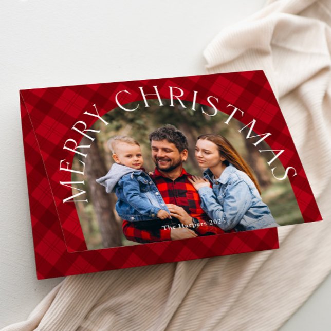 Red Plaid Boho Arch Merry Christmas Photo  Holiday Card (Modern red plaid arch photo Folded Christmas card.)